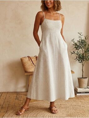 Madewell Striped Linen Empire-Waist Midi Dress in Lighthouse, sz XS